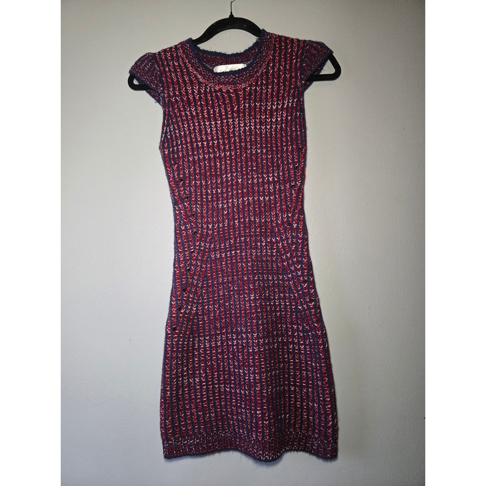 Lavand Knit Sweater Dress Women Medium Red Blue Textured Bodycon Midi Cozy Fall